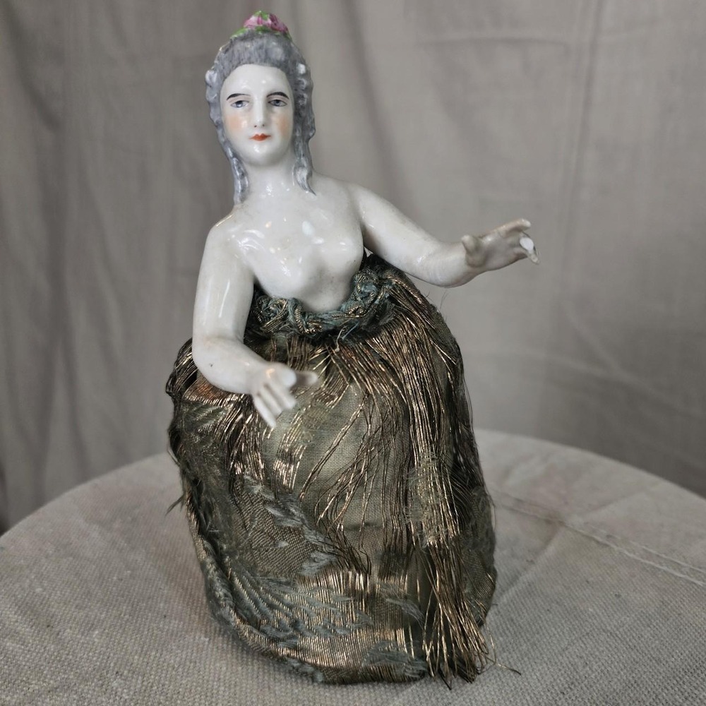 18th C. Style Porcelain Figurine Half Doll Art Nouveau Lampshade‎ Pin Cushion